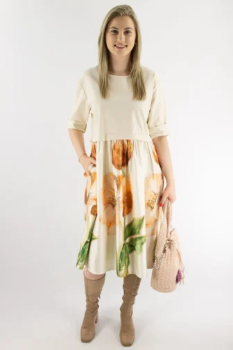 Sukienka punto z satynowym ,kwiatowym dołem beżowa