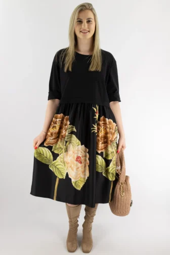 Sukienka punto z satynowym ,kwiatowym dołem czarna