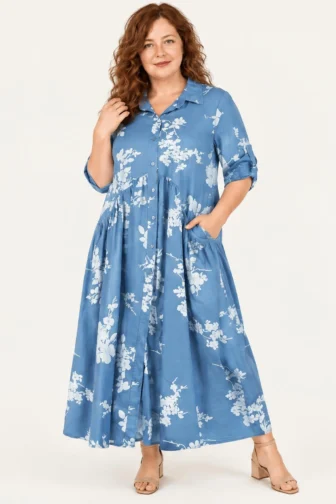 Bawełniana zapinana sukienka oversize w kwiatowy print ,z kieszeniami niebieska
