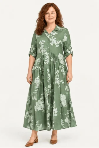 Bawełniana zapinana sukienka oversize w kwiatowy print  ,z kieszeniami khaki